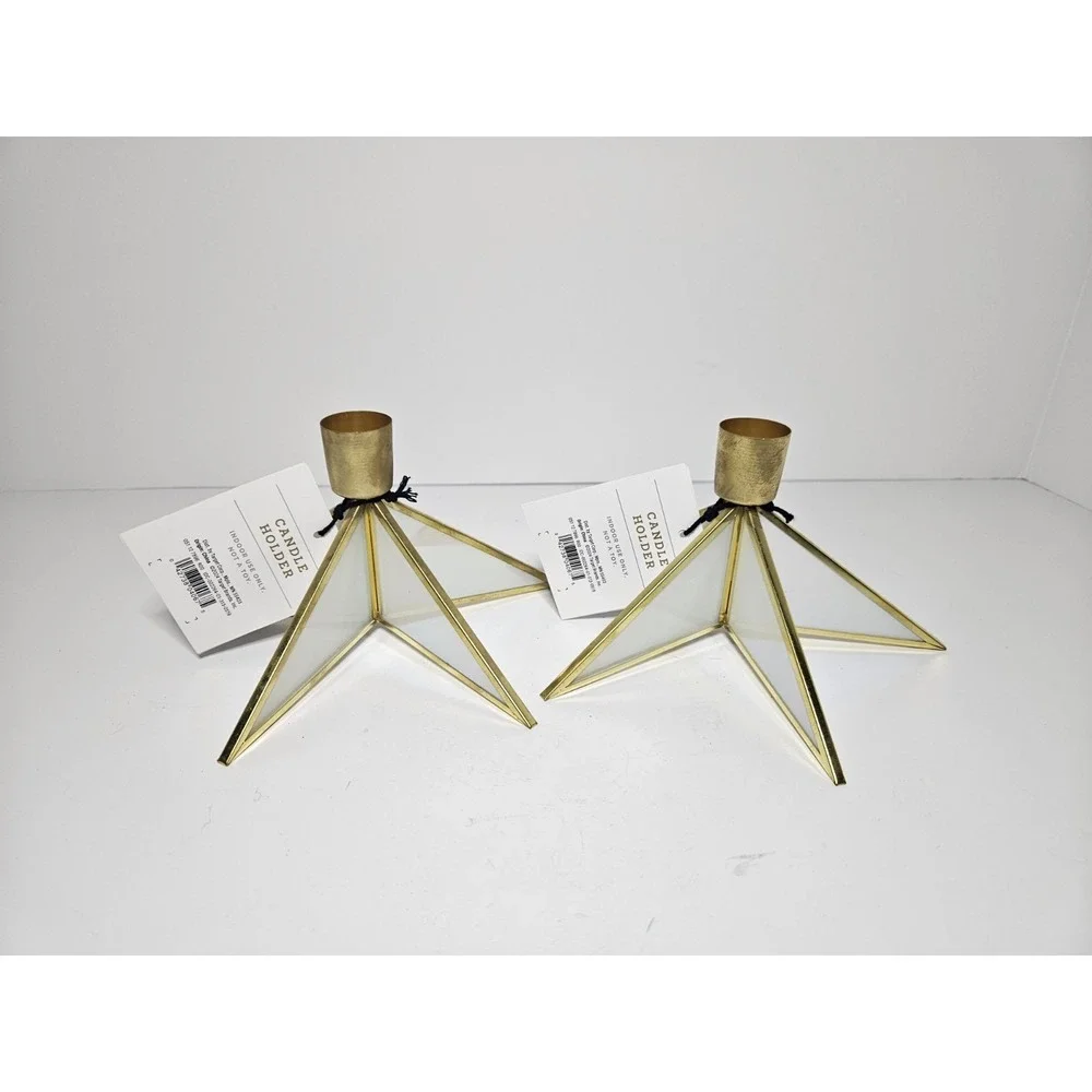 Set of‎ 2 Target Star Taper Candle Holders Gold Brass Leaded Glass Christmas NWT